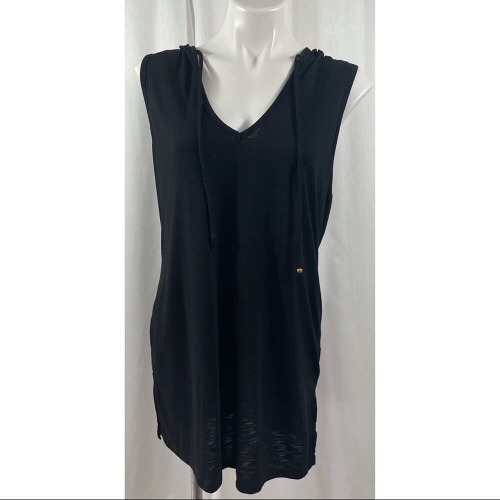Miken Swim Coverup Black Sheer Hoodie Top V Neck